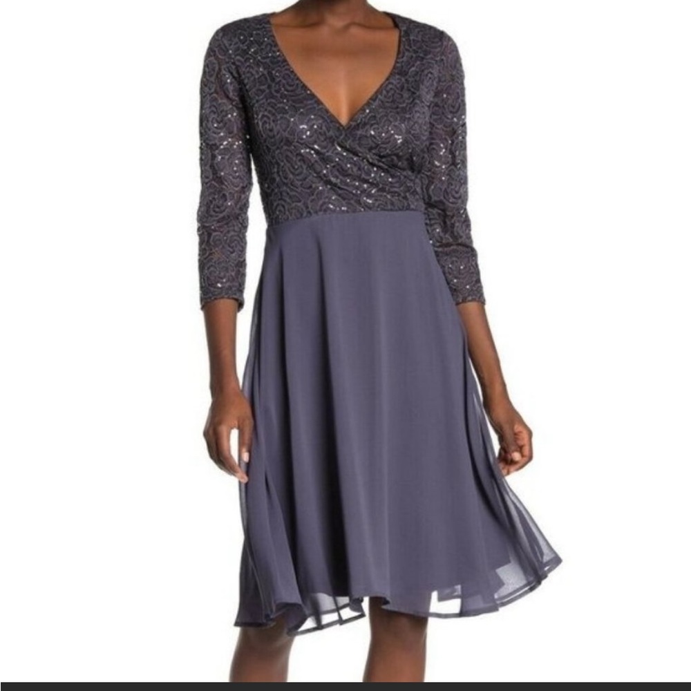 Marina Women's Sequin Lace Chiffon Fit & Flare Dress Size 4 NWT $129